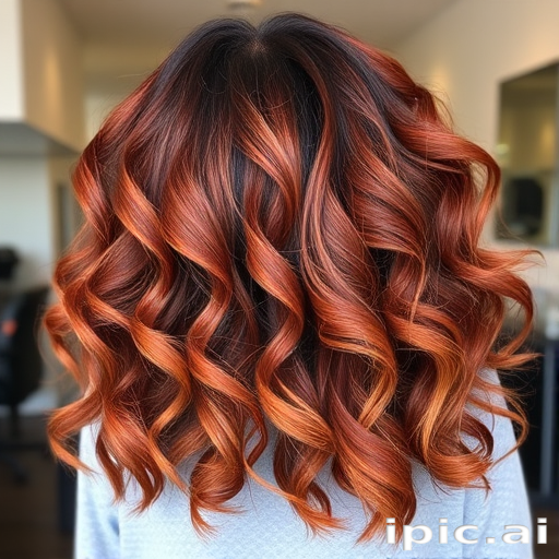 Rich mahogany red locks in the "Cinnamon Swirl" style boast voluminous curls and caramel highlights for depth