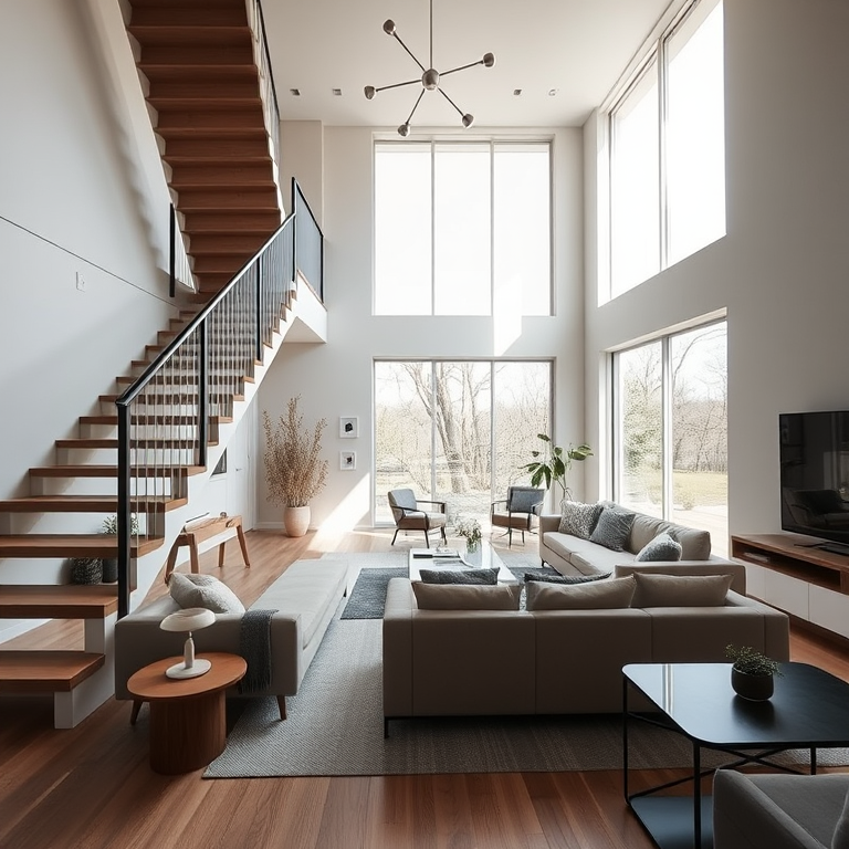 interior of a modern living room with open staircase, natural light streaming through large windows, minimalistic furniture, high-quality textures, subtle color palette, wide-angle lens, aperture f/4, ISO 400, shutter speed 1/60, DSLR camera, bright daytime setting