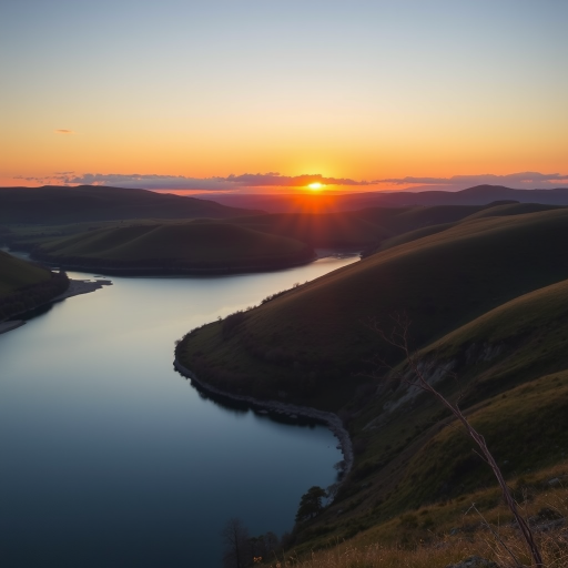 Generate an image of a serene landscape at sunrise with rolling hills and a calm river, using a DSLR camera with a 50mm lens, aperture f/1.8, ISO 100, shutter speed 1/200s, capturing a wide-angle view in vibrant colors and high dynamic range.