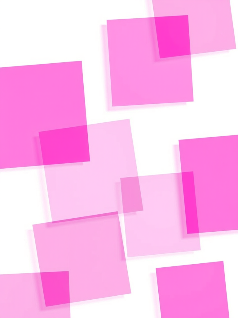 generate a vibrant abstract image of overlapping pink transparent squares on a white background, use a high-resolution setting of 300 DPI, shot from a top-down perspective, in a digital art style, using a DSLR camera with an aperture of f/8 and ISO 100 for enhanced clarity and detail