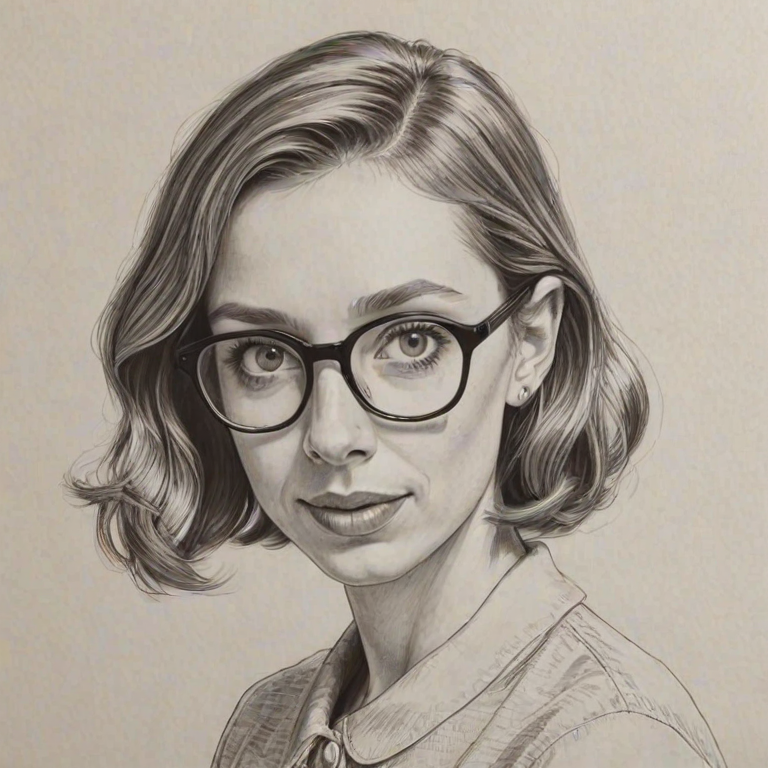 Pleasing Lauren Lapkus, pencil sketch, portrait of Wonderful woman 1956s in glasses, hair style beatnik, outline, clear lines, fine lines, 8k