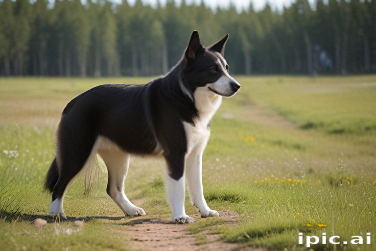 A Majestic Dog Standing Proudly on a Beautiful Green Meadow Path.