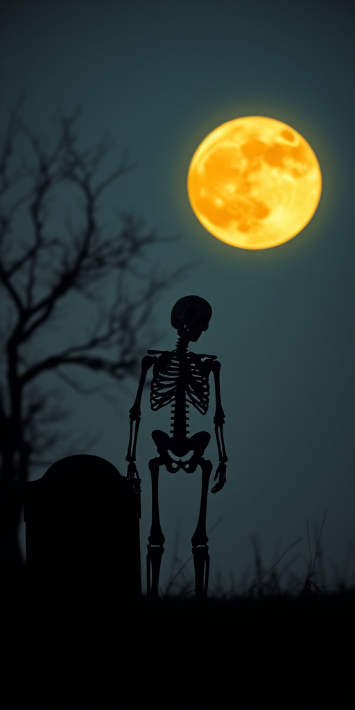 A silhouetted skeleton standing beside a gravestone under a large yellow full moon with a bare tree in the background, captured with a DSLR camera at f/8, ISO 100, 1/60 sec, in landscape view using a low-angle perspective for dramatic effect.