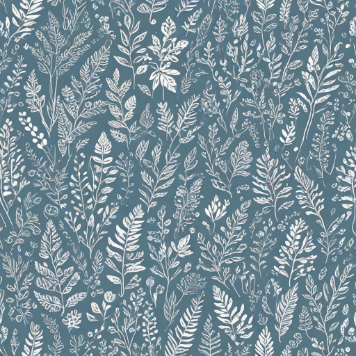 Create a seamless pattern featuring a variety of whimsical hand-drawn floral and leaf designs on a soft blue background. Incorporate different shapes and sizes of plants, including flowers, ferns, and abstract foliage, all outlined in white. The overall style should be playful and organic, with a balanced distribution of elements throughout the composition.