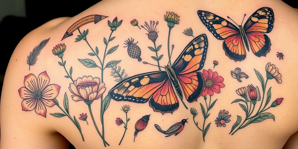 Botanical illustration tattoo named "Flora Fauna Fusion" featuring scientifically accurate depictions of plants and animals with a vintage naturalist sketch aesthetic