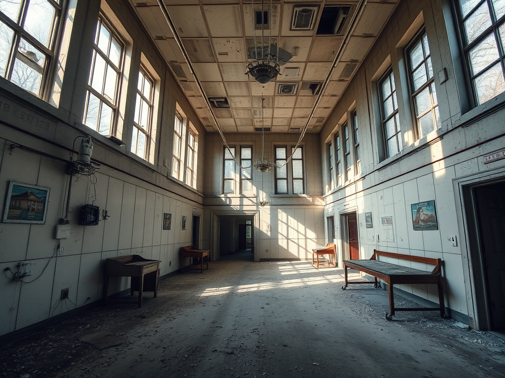 abandoned hospital interior, sunlight streaming through windows, dusty and decayed atmosphere, wide-angle view, soft focus, ISO 100, f/8, 1/60 sec, DSLR camera, 24mm lens, high dynamic range imaging