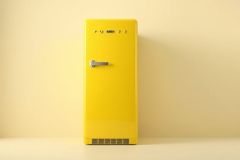 Create a high-quality 3D rendering of a yellow refrigerator with a sleek design, using a DSLR camera with an aperture of f/2.8, shutter speed of 1/60 sec, ISO 100, in a bright studio setting with soft lighting to enhance details and colors.