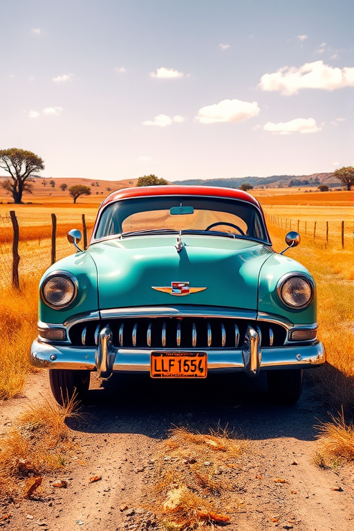 Create a vibrant low-poly artwork of an old vintage car in a rural setting with bright blue skies and warm earthy tones, using a DSLR camera at ISO 100, f/8 aperture, 50mm lens, and a shallow depth of field to enhance the texture and colors.
