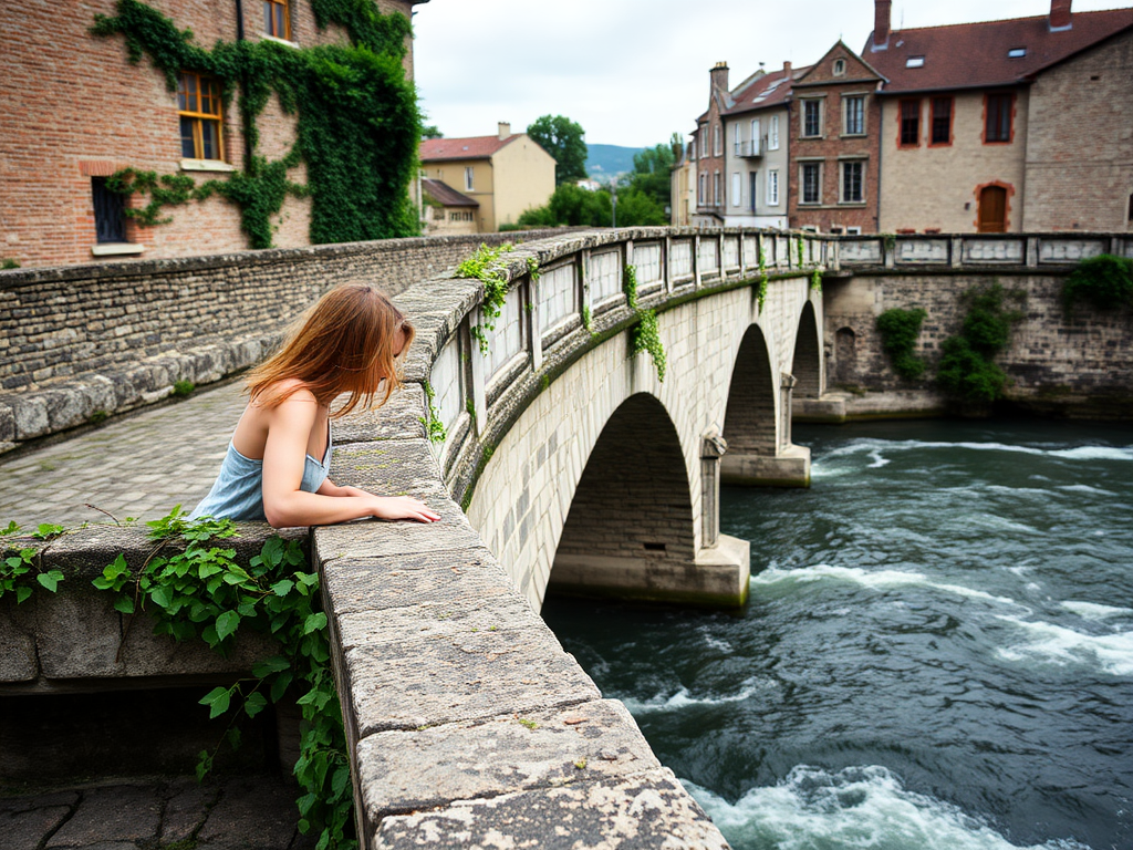 Old cobblestone bridge over a flowing river, with ivy-covered stone railings, a woman leans on the edge, gazing down at the water, her hair blowing gently in the breeze.