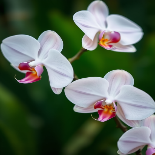 a close-up of beautiful white orchids with pink accents set against a green blurred background