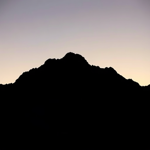 Generate a high-resolution image of a minimalistic black silhouette of a mountain range at dusk, using a Canon EOS R5 with a 24-70mm f/2.8 lens, ISO 200, aperture f/8, shutter speed 1/125s, captured from a low angle to emphasize height and depth.