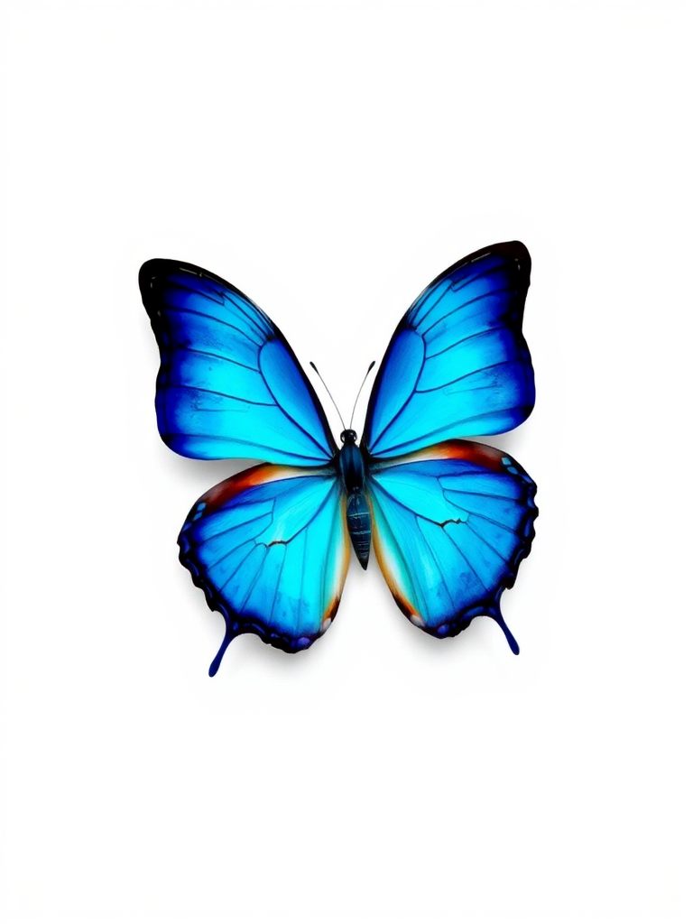 Generate an image of a vibrant blue butterfly with large wings, showcasing a gradient from deep blue to turquoise. The butterfly should be centered against a plain white background, emphasizing its intricate wing patterns and delicate antennae.
