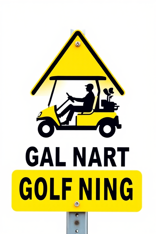 Regenerate an image of a golf cart warning sign featuring a silhouette of a person driving the cart, using a Canon EOS 5D Mark IV camera, 24-70mm lens, f/8 aperture, ISO 100, and a 1/125s shutter speed, with a clean white background for clarity and vivid yellow color.