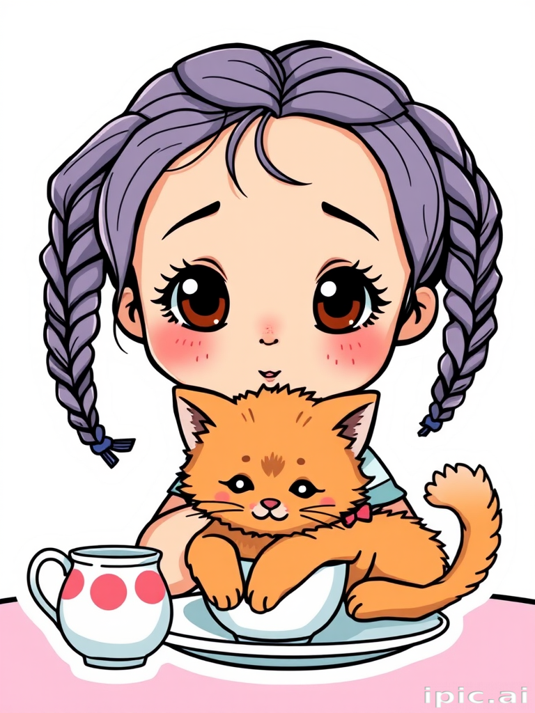 A vector art style sticker of a chibi girl with freckles and dimples, big brown round eyes, and messy periwinkle braids, playing tea with a fluffy orange kitten wearing a bow. Bold line art
