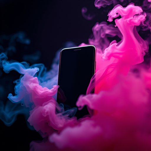 Capture a high-resolution image of a smartphone surrounded by colorful smoke with a dark gradient background, using a Canon EOS R5, 50mm lens, f/1.8 aperture, ISO 100, 1/200 sec shutter speed, in a macro view for enhanced detail and depth.