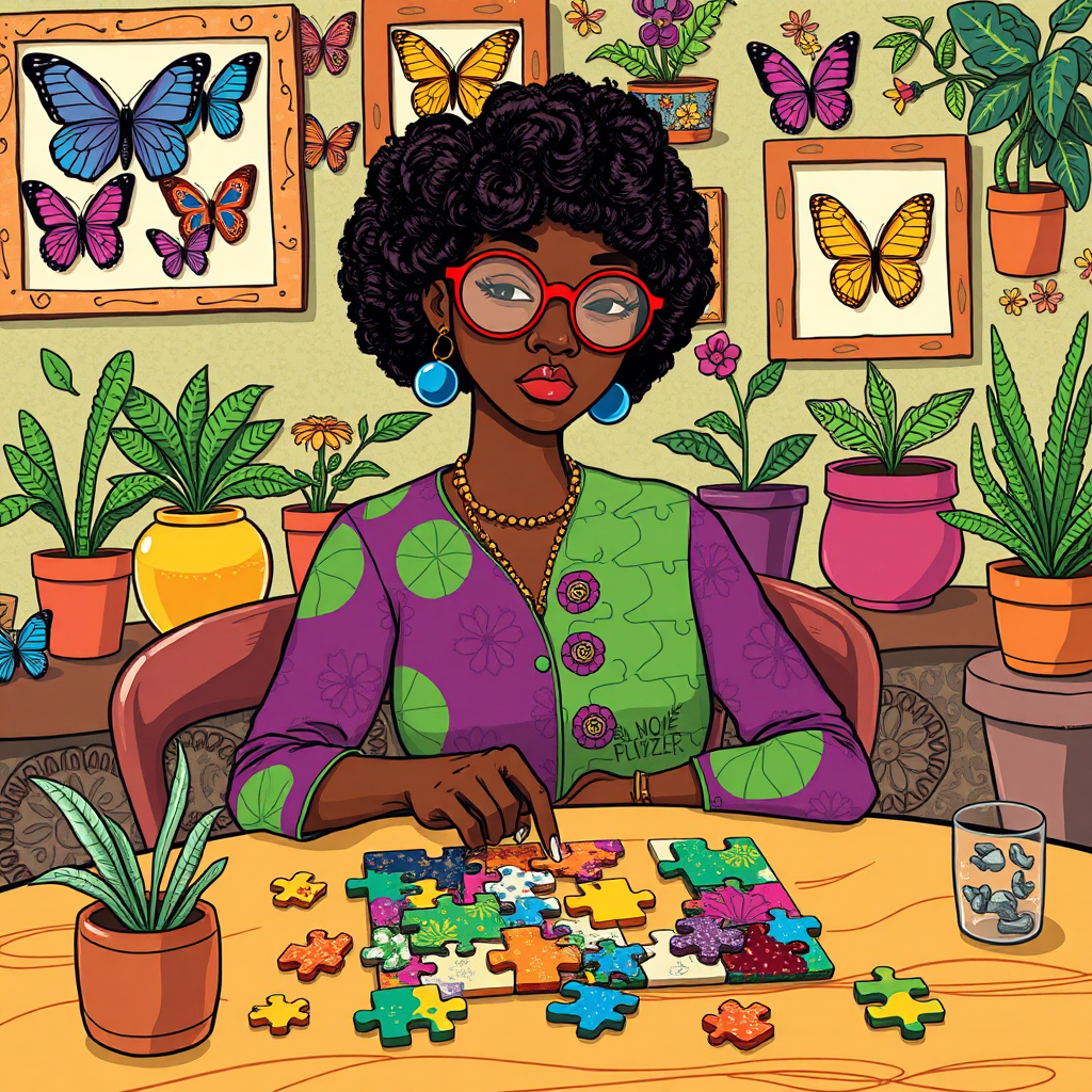 A vibrant and whimsical illustration of an african american woman sitting at a table working on a colorful jigsaw puzzle. she is wearing round glasses, and patterned clothing in shades of purple and green.  The background features an eclectic collection of framed butterflies, potted plants, and other natural elements, creating a warm and inviting atmosphere. The style is playful and modern, with rich textures, intricate details, and a lively color palette.