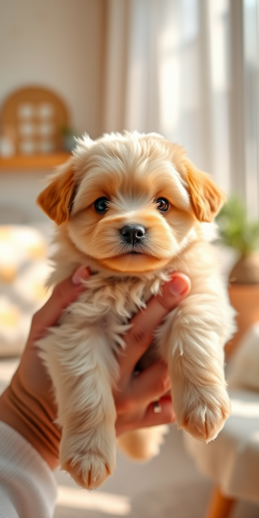 Generate an image of a fluffy light brown puppy being held by a person with a cozy indoor background featuring sunlight and soft textures the puppy has a cute expression with big eyes and a small nose