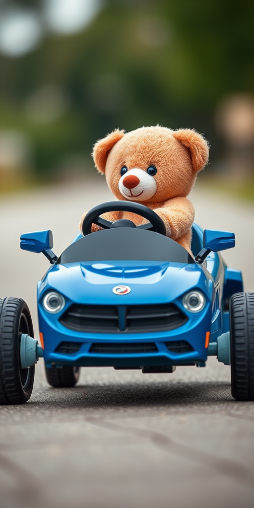 Create a high-resolution image of a blue ride-on toy car with a soft teddy bear seated in the driver's position, using a Canon EOS R5 camera, 50mm lens, f/2.8 aperture, ISO 100, 1/200s shutter speed, taken from a low angle to enhance perspective and focus on the details of the toy and bear.