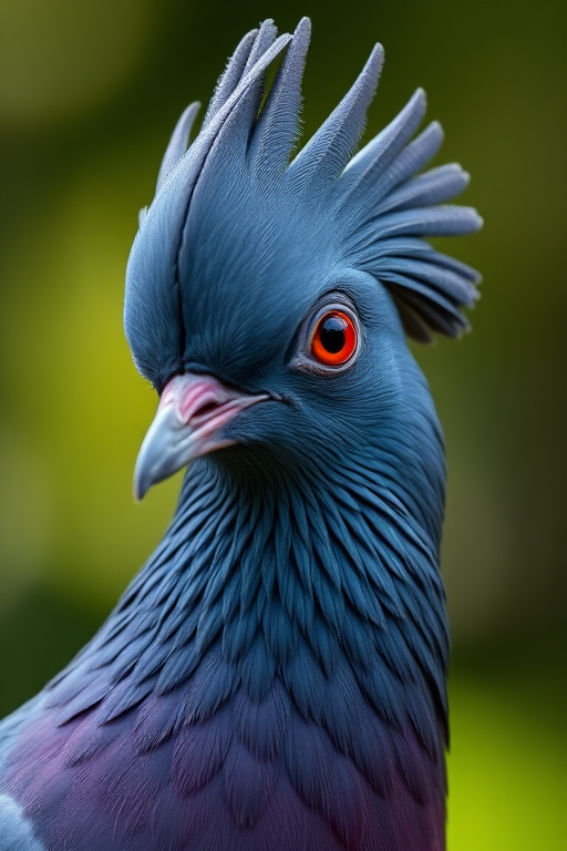 A close-up photograph of a Victoria crowned pigeon, showcasing its detailed feather crest and striking red eyes, taken with a Canon EOS 5D Mark IV camera, 85mm lens, f/2.8 aperture, ISO 400, and natural lighting to enhance the image quality and depth of field.