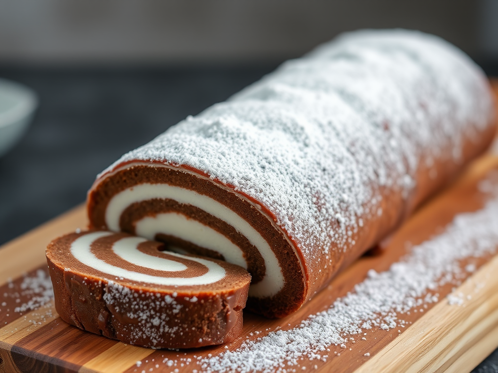 Chocolate Swiss roll dusted with powdered sugar on a wooden cutting board with a blurred background.
