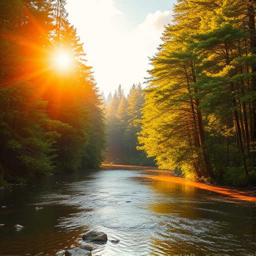 Create an image of a serene, sunlit forest scene with a clear, gently flowing river. Tall trees with lush green foliage line both sides of the river, their leaves bathed in the warm golden light of the setting or rising sun. The sunlight filters through the trees, casting soft, dappled light on the river, which flows over smooth rocks and pebbles, creating a peaceful, natural atmosphere. The sky is bright with a few scattered clouds, and the overall mood is tranquil, evoking a deep sense of connection with nature. The image captures the beauty of a calm, pristine forest landscape at either dawn or dusk.