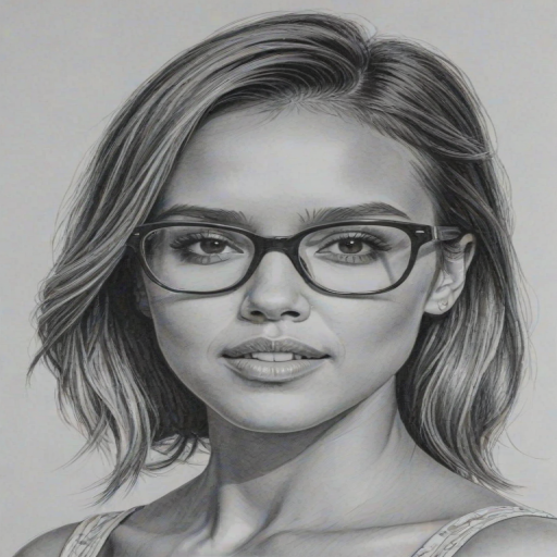 Magnificent Jessica Alba, pencil sketch, portrait of Enticing woman 1965s in glasses, hair style beatnik, outline, clear lines, fine lines, 8k