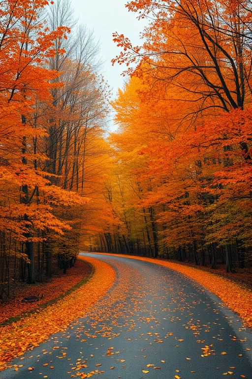 A scenic autumn road surrounded by vibrant trees with orange and yellow leaves carpeting the ground creating a tranquil and picturesque atmosphere