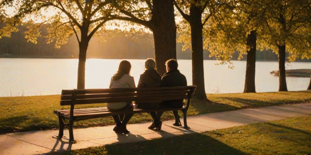 Warmly lit, intimate photo of a couple sharing a quiet moment on a park bench at sunset, soft golden light casting long shadows on the ground, with distant trees and a peaceful lake barely visible in the background.