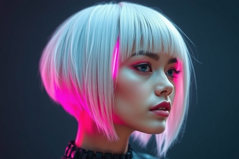Sleek platinum blonde bob with razor-sharp edges and a single streak of neon pink, exuding futuristic chic and cyberpunk vibes, aptly called Electric Ice