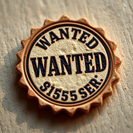 Create a high-resolution image of a "Wanted" stamp featuring a vintage design, shot with a DSLR camera at f/8 aperture, ISO 100, 50mm lens, and natural lighting to enhance contrast and clarity.
