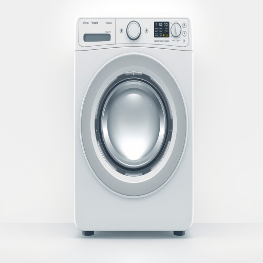 Create a high-resolution vector graphic of a washing machine icon with a rounded rectangular outline, using a minimalist style, backlit with soft white light, captured from a straight-on view using a digital camera set to f/8 aperture, ISO 100, and a shutter speed of 1/125s for enhanced clarity.