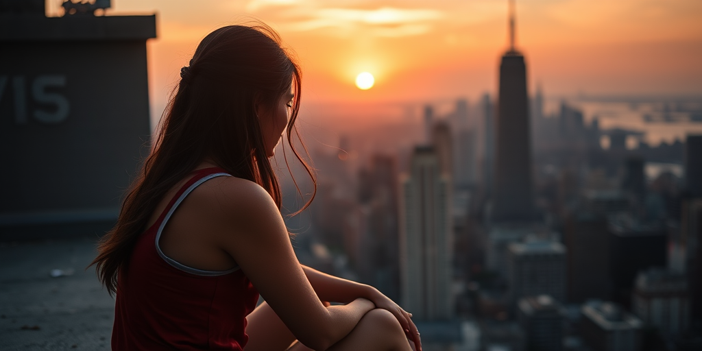 Softly focused photo of a young woman sitting on a rooftop at sunset, overlooking a bustling city skyline, with a soft glow of orange and pink hues in the sky.