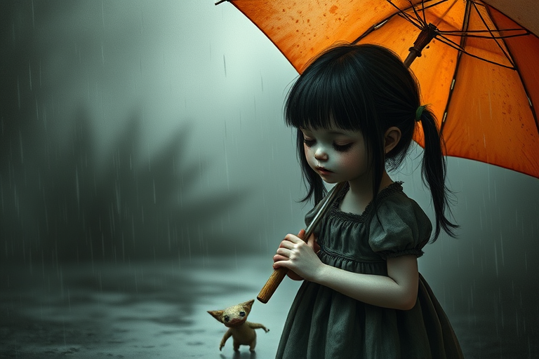 An eerie, weird little girl with dark hair in thin pigtails, wearing a smock dress, standing in the rain, holding a dirty orange umbrella, a small, odd creature beside her. In a surreal style inspired by Nicoletta Ceccoli and Brian Froud. Dark fantasy themes