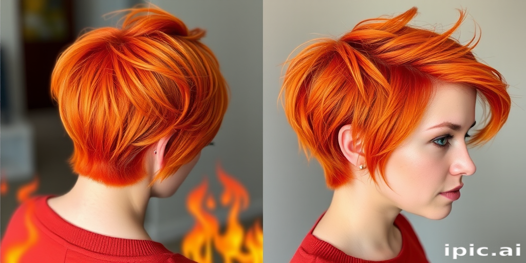 Fiery orange pixie cut with choppy layers and subtle red lowlights, styled to resemble flickering flames dancing in the wind, exuding passionate energy called Phoenix Flare