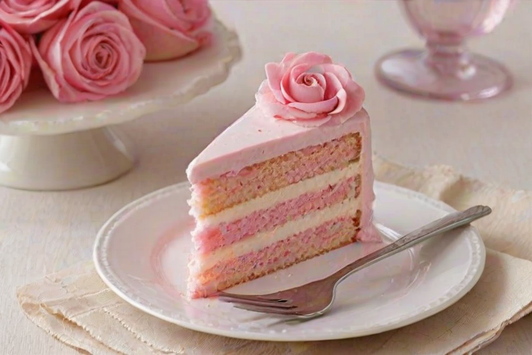 Generate an image of a slice of pink frosted cake on a white plate. The cake should have multiple layers and a textured frosting. The background should feature a soft, natural setting with a light-colored tablecloth and a simple glass vase with a flower. The lighting should be warm and inviting, emphasizing the cake's deliciousness.