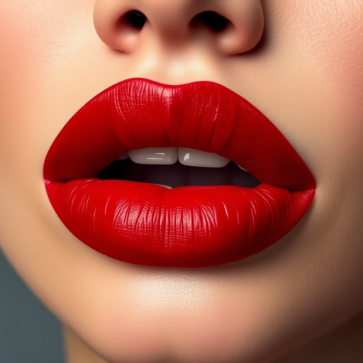 Stunning "Ruby Velvet" lips with a deep red matte finish, showcasing plump and defined contours, exuding sophistication and allure in a close-up portrait