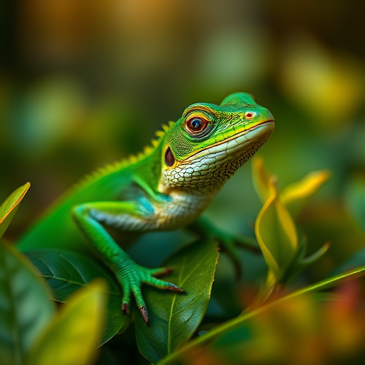 Close-up of a vibrant green lizard perched on lush foliage with soft focus background, captured using a DSLR camera at ISO 200, aperture f/2.8, shutter speed 1/200 sec, natural light during golden hour for enhanced color saturation.