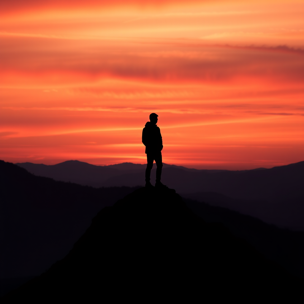 Create a high-resolution black silhouette of a person standing on a mountain peak at sunset, with vibrant orange and pink sky, using a DSLR camera at f/8 aperture, ISO 100, 1/200 sec shutter speed, taken from a slightly elevated angle to capture the landscape and silhouette details.