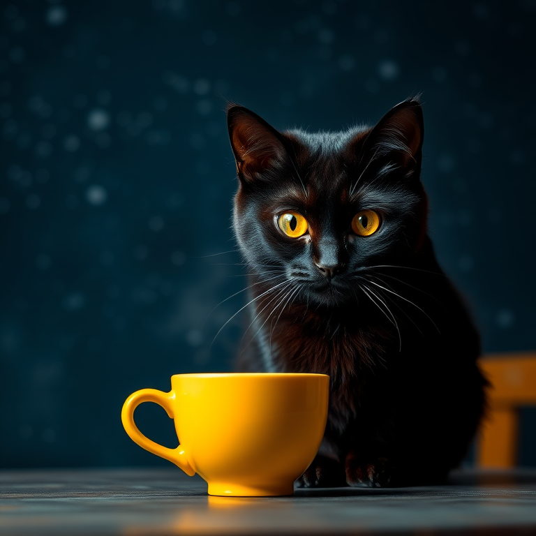 A surreal black cat with vivid yellow eyes sitting in front of a steaming yellow cup on a table against a starry night background, captured with a DSLR camera, aperture f/2.8, ISO 100, 50mm lens, soft focus style, high resolution.