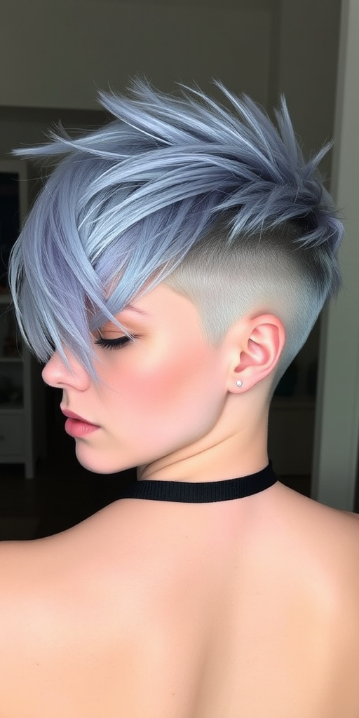 Edgy hair style exhibiting a bold asymmetrical pixie cut with shaved sides and a longer textured top in a striking silver-blue hue