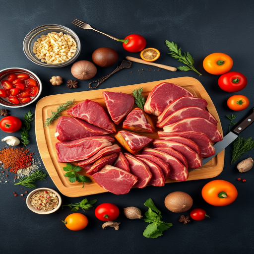 Capture a top-down view of a wooden cutting board with various cuts of red meat surrounded by an array of colorful spices, vegetables, and herbs on a dark background, using a Canon EOS R5 with a 50mm f/1.2 lens at f/2.8, ISO 100, and a shutter speed of 1/60 seconds for enhanced depth and clarity.