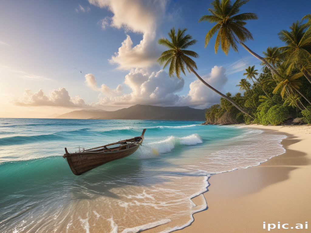 Serene Tropical Beach Scene with Palm Trees and a Wooden Boat
