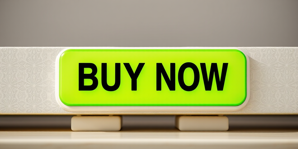 Create a high-resolution image of a bright green "BUY NOW" button with bold black text, using a DSLR camera with a 50mm lens, aperture f/1.8, ISO 100, shot from a slightly elevated angle to provide depth, with soft natural lighting for enhanced clarity.