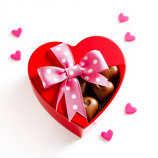 Generate a vibrant illustration of a red heart-shaped box of chocolates with a pink polka dot bow, using a DSLR camera with an aperture of f/2.8, ISO 100, and a 50mm lens, captured in a close-up view and bright, natural lighting to enhance details and colors.