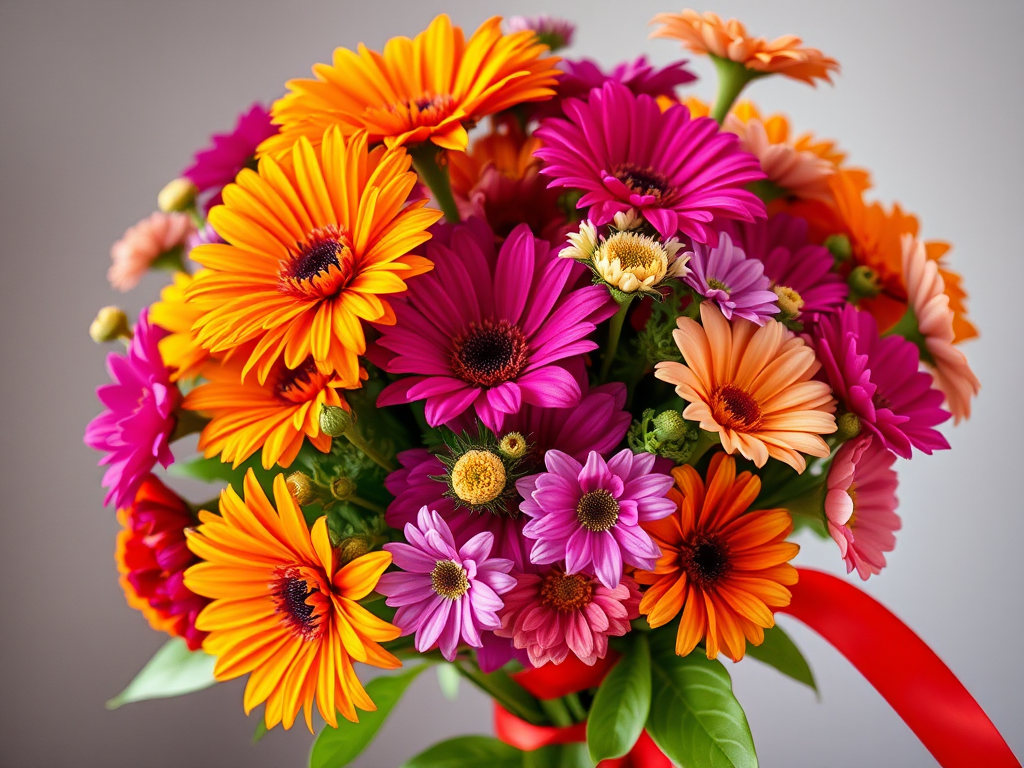 Create a vibrant bouquet of flowers with a variety of colors including orange, purple, and pink, surrounded by green leaves, tied with a red ribbon, using a DSLR camera with a 50mm lens, aperture f/2.8, ISO 100, and a shallow depth of field for a soft background.