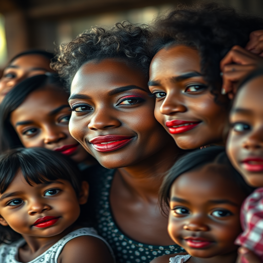 Create a high-quality portrait of a diverse group of women and children with bold red lipstick, using a shallow depth of field to emphasize facial features, captured with a Canon EOS R5 at f/1.8, 85mm lens, ISO 100, soft natural lighting, and an artistic bokeh background.