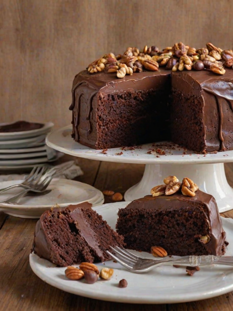 Create an image of a rich chocolate cake with a slice cut out, showcasing a moist interior filled with chunks of chocolate and nuts. The cake should be dusted with powdered sugar on top and placed on a rustic surface. The background should be subtly textured to enhance the cake's appeal.