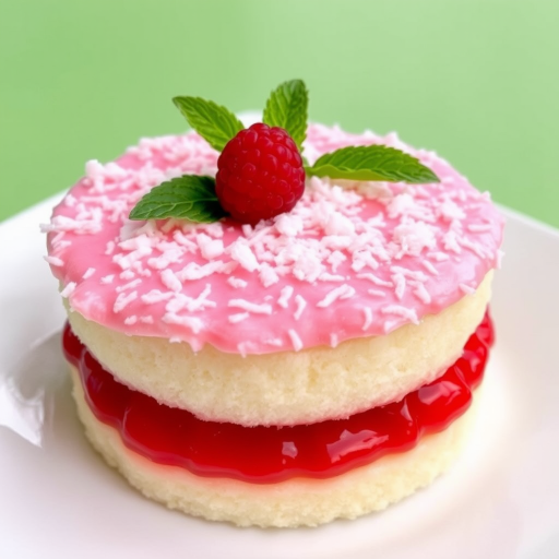 A delicious layered cake with a base of fluffy white cake topped with vibrant red gelatin and a creamy pink frosting covered in shredded coconut garnished with a fresh raspberry and mint leaf served on a white plate with a green background.