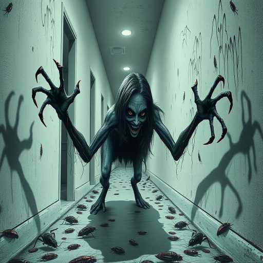 a crooked female with long arms and a creepy smile is crawling along a long white corridor and you can also see cockroaches in it there is a creepy atmosphere creepy art style