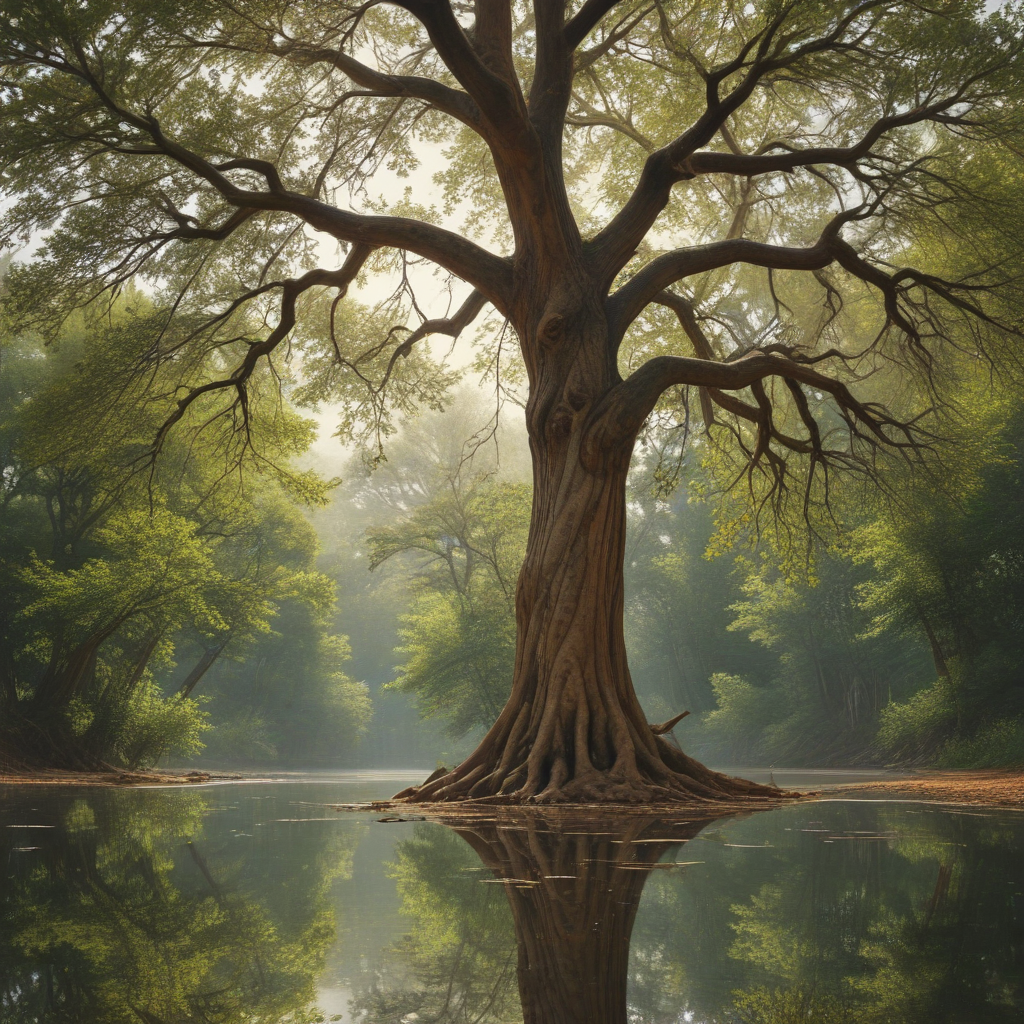 A Majestic Tree Standing Tall by a Serene Misty Riverbank